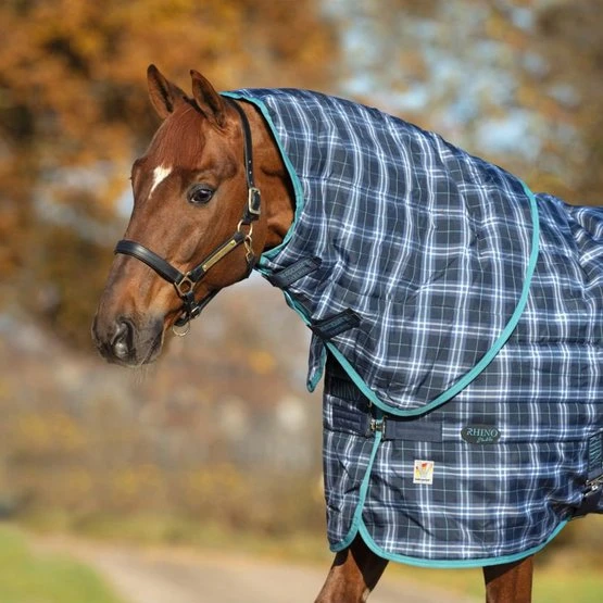 Rhino By Horseware Stable Hood 150g Polyester Navy Check/Teal 3 Rhino By Horseware Stable Hood 150g Polyester Navy Check/Teal